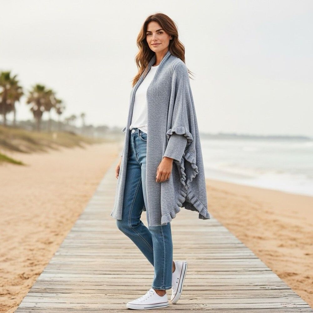 Boho Ruffled Open Front Cardigan Gray One Size Muche et Muchette Draped Knit